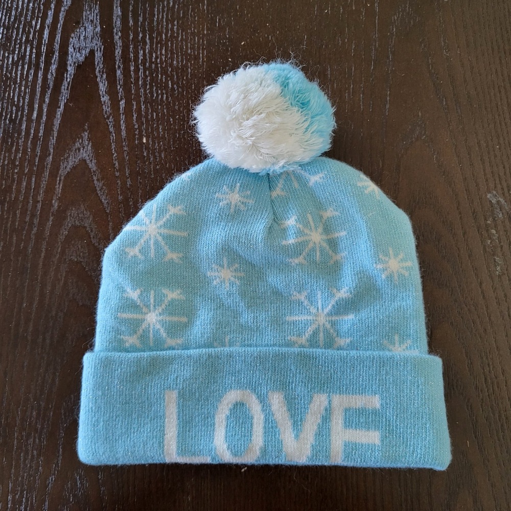 Girls "Love" Blue Beanie Snowflakes White Pom Pom in Be Mine Blue One Size